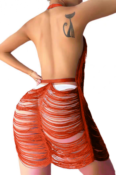Set lenjerie erotica, rochita senzuala cu franjuri si chiloti tanga TY-8921-4portocaliu [2]