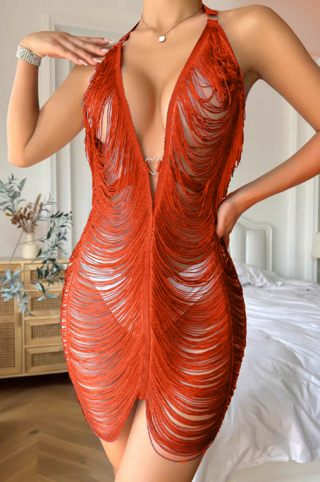 Set lenjerie erotica, rochita senzuala cu franjuri si chiloti tanga TY-8921-4portocaliu [3]