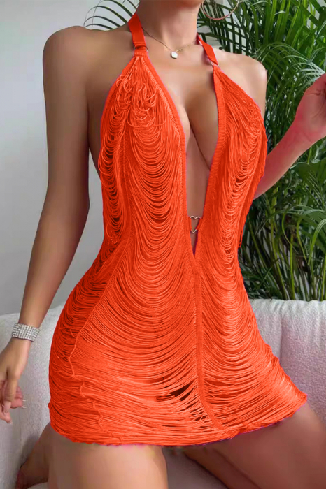 Set lenjerie erotica, rochita senzuala cu franjuri si chiloti tanga TY-8921-4portocaliu [4]