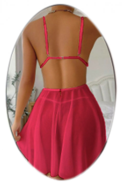 Set lenjerie erotica, rochita sexy cu broderie florala si chiloti tanga TY-S8001rosu [2]