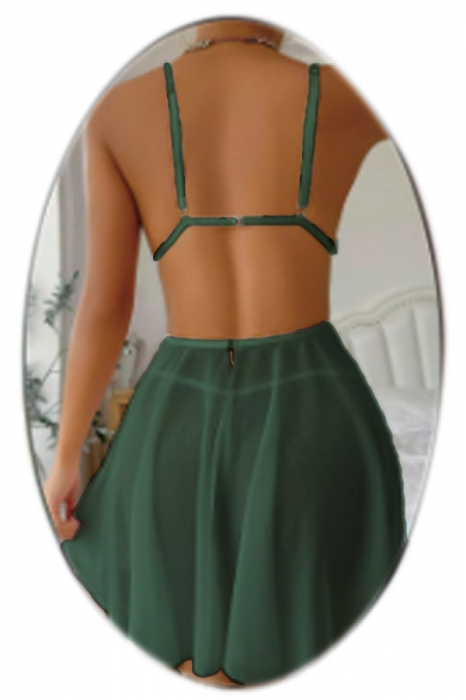 Set lenjerie erotica, rochita sexy cu broderie florala si chiloti tanga TY-S8001verde [2]