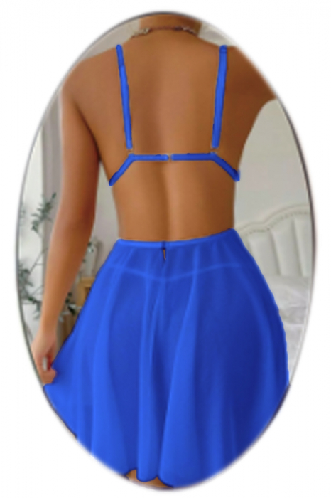 Set lenjerie erotica, rochita sexy cu broderie florala si chiloti tanga TY-S8001albastru [2]