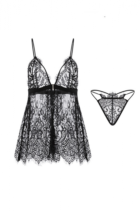 Set lenjerie erotica, rochita sexy transparenta si chiloti tanga GJ1582negru [2]