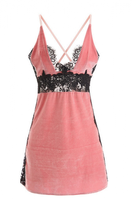 Set lenjerie erotica, din catifea, rochie sexy si chiloti tanga GJ563roz [2]