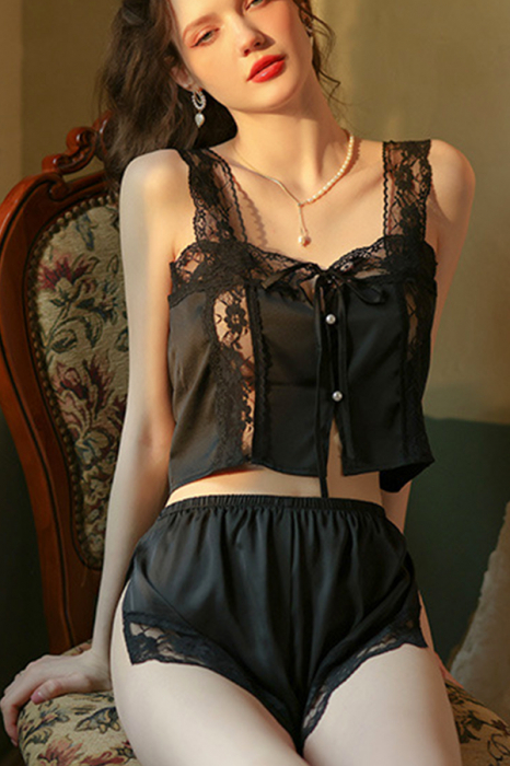 Set lenjerie erotica, cu accente de dantela, crop sexy si pantaloni scurti YCFS-2248negru [2]