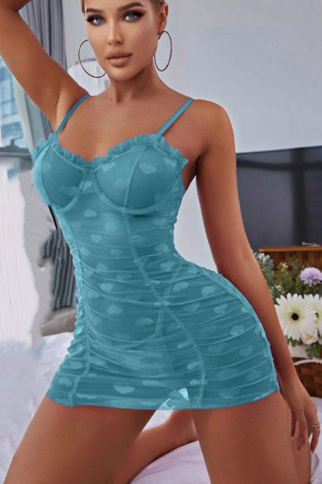 Set lenjerie erotica, rochita transparenta cu imprimeu inimioare si chiloti tanga TY-S711verde [3]