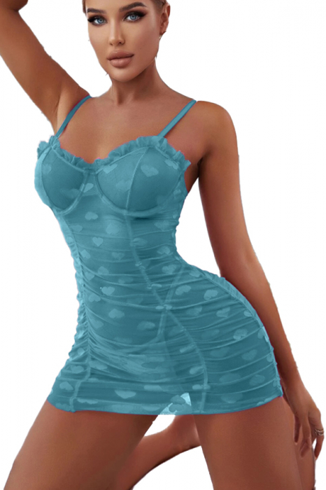 Set lenjerie erotica, rochita transparenta cu imprimeu inimioare si chiloti tanga TY-S711verde [1]