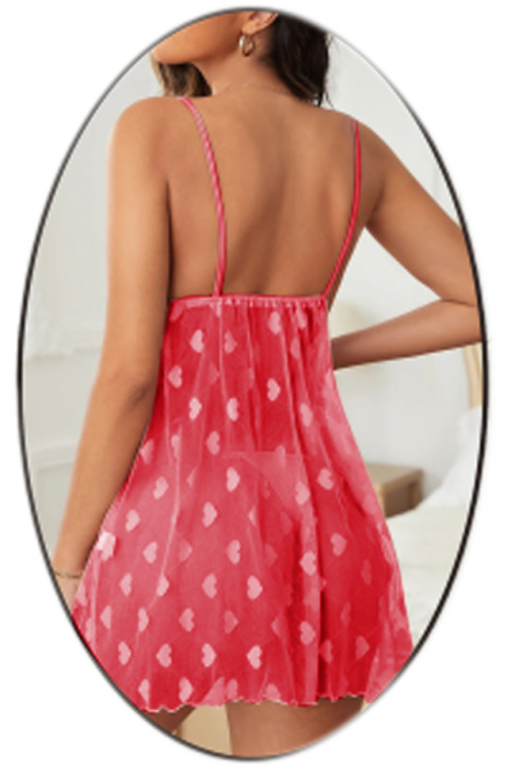 Set lenjerie erotica, rochita transparenta cu imprimeu inimioare si chiloti tanga TY-S715visiniu [2]