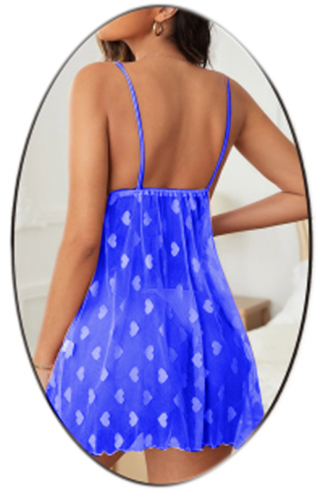 Set lenjerie erotica, rochita transparenta cu imprimeu inimioare si chiloti tanga TY-S715albastru [2]