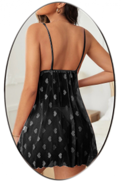 Set lenjerie erotica, rochita transparenta cu imprimeu inimioare si chiloti tanga TY-S715negru [2]