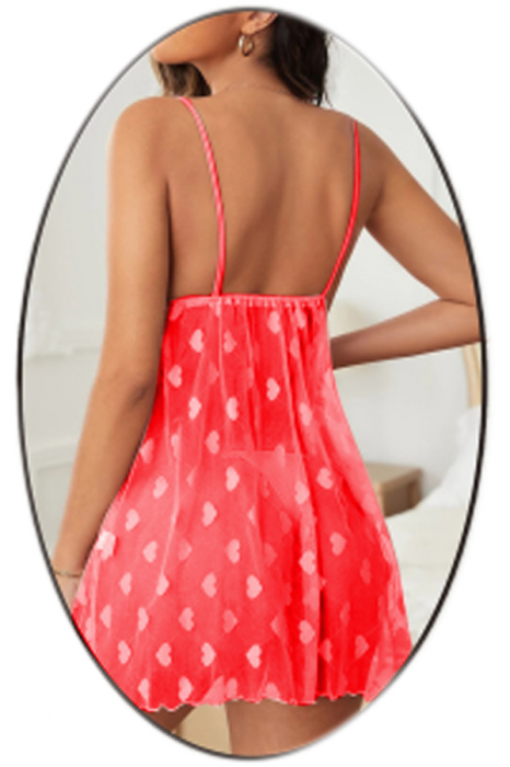 Set lenjerie erotica, rochita transparenta cu imprimeu inimioare si chiloti tanga TY-S715rosu [2]