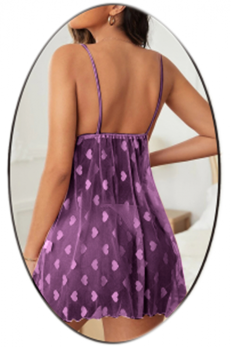 Set lenjerie erotica, rochita transparenta cu imprimeu inimioare si chiloti tanga TY-S715mov [2]