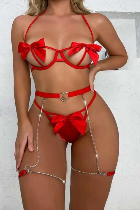 Set lenjerie erotica, sutien, chiloti tanga si centura portjartier cu benzi MDD-T916rosu [6]