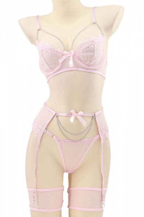 Set lenjerie erotica, sutien, chiloti tanga si portjartier cu jartiere TY-LX153roz deschis [2]