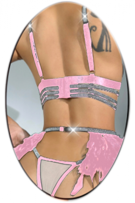 Set lenjerie erotica, sutien, chiloti tanga si portjartiera cu benzi elastice TY-LX185roz [2]