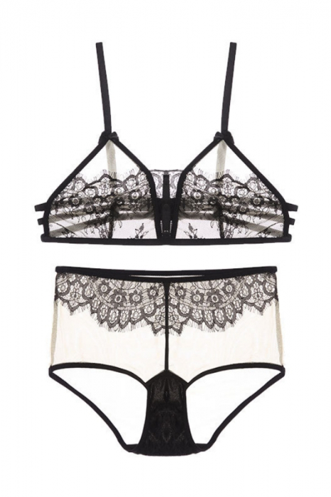 Set lenjerie erotica, sutien cu insertii dantela si chiloti clasici sexy GJ291negru [3]