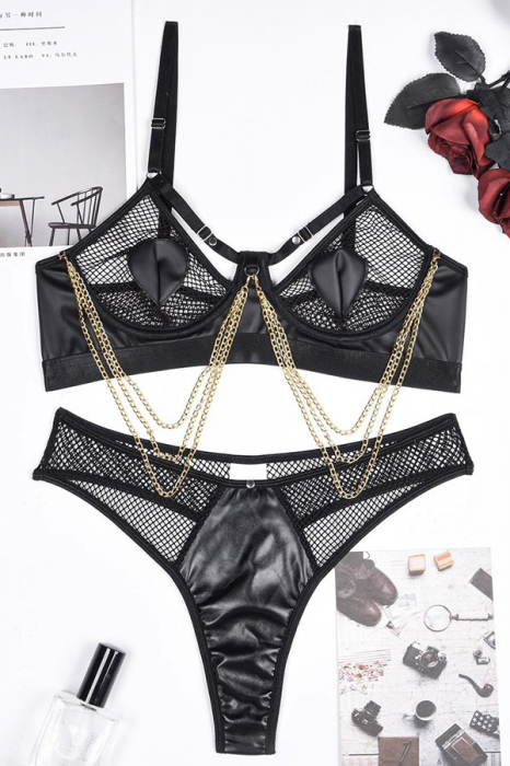 Set lenjerie erotica, sutien cu lanturi metalice aurii si chiloti tanga MDD-8210negru [2]
