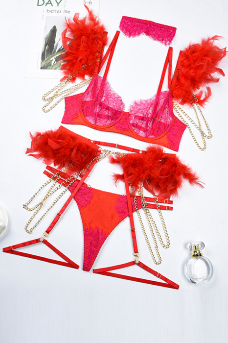 Set lenjerie erotica cu dantela si puf, sutien, portjartier, chiloti tanga si accesoriu FS-Z2850rosu [3]