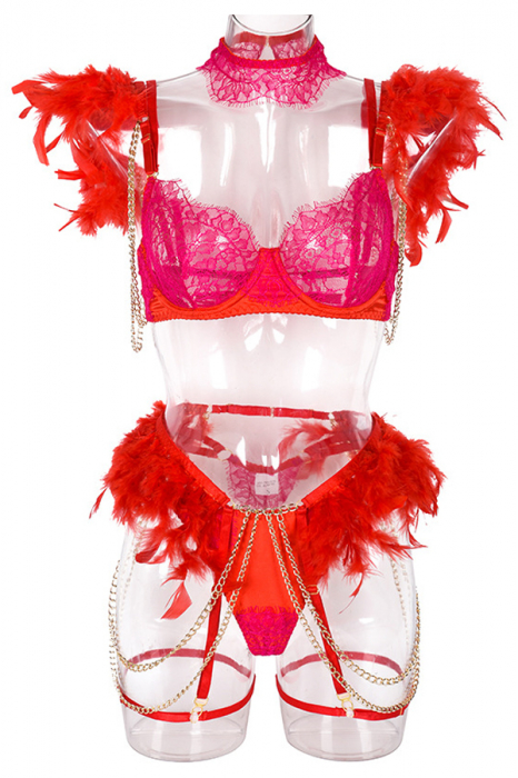 Set lenjerie erotica cu dantela si puf, sutien, portjartier, chiloti tanga si accesoriu FS-Z2850rosu [4]