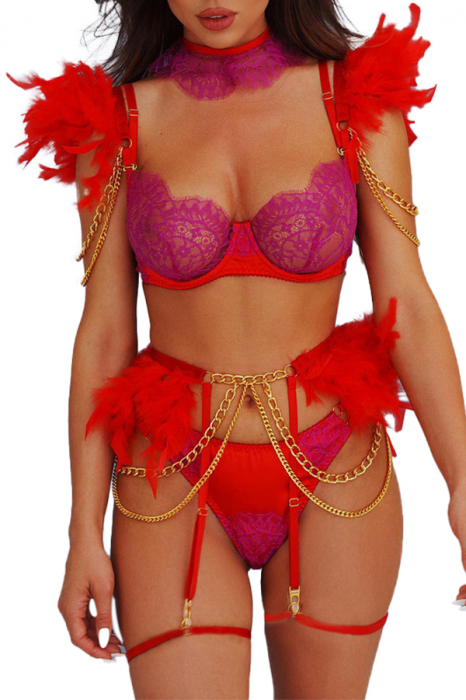 Set lenjerie erotica cu dantela si puf, sutien, portjartier, chiloti tanga si accesoriu FS-Z2850rosu [1]