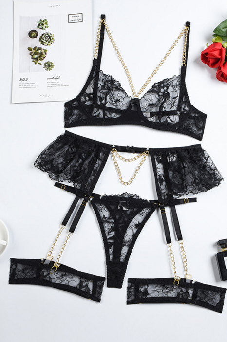 Set lenjerie erotica cu dantela, sutien, fustita cu jartiere si chiloti tanga FS-Z2827 [4]