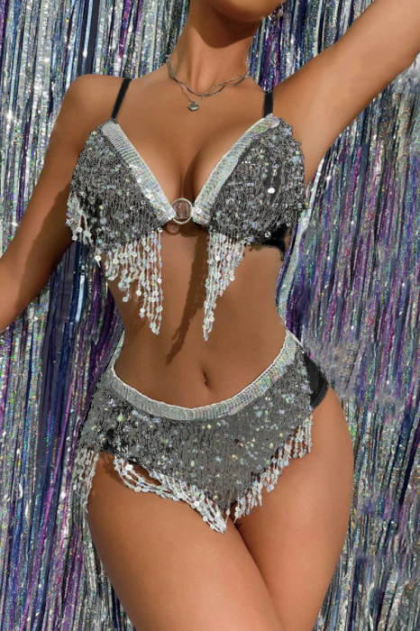 Set lenjerie erotica tip belly dance cu paiete si franjuri, sutien si chiloti sexy TY-LX198negru [3]
