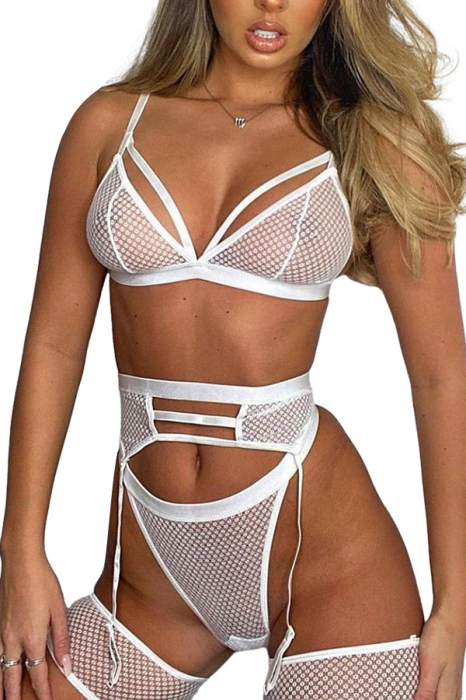 Set lenjerie erotica tip plasa, sutien, chiloti tanga si portjartier YX-7094alb [3]