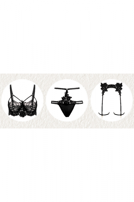 Set lenjerie erotica, top sexy, chiloti tanga si portjartier GJ431negru [2]
