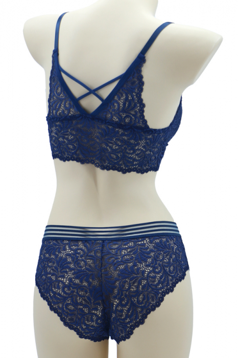Set 2 piese lenjerie intima cu dantela, top si chiloti clasici SMT8857bleumarin [2]