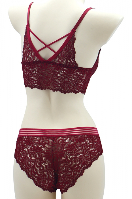 Set 2 piese lenjerie intima cu dantela, top si chiloti clasici SMT8857visiniu [2]