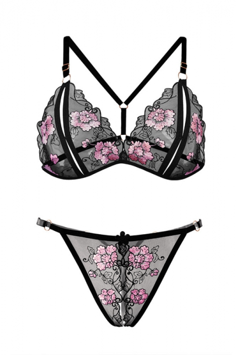 Set lenjerie erotica cu decupaje, sutien si chiloti tanga open crotch LH9301negru [3]