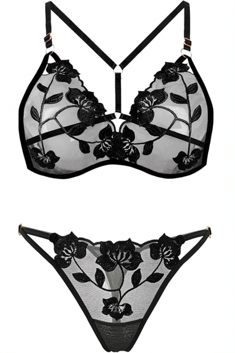 Set lenjerie erotica transparenta cu dantela brodata, sutien si chiloti tanga LH9304negru [3]
