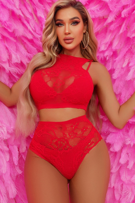 Set lenjerie erotica transparenta, tip plasa, top si chiloti cu talie inalta YD-9182rosu [4]