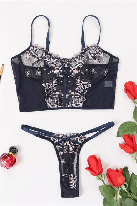 Set lenjerie erotica transparenta, imprimeu floral, top si chiloti tanga MDD574 [2]