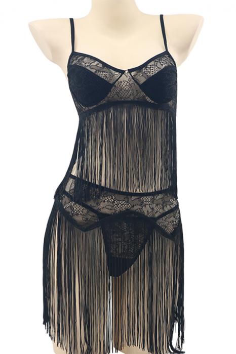 Set lenjerie senzuala cu franjuri, top, fustita si chiloti tanga TY-S440negru [2]