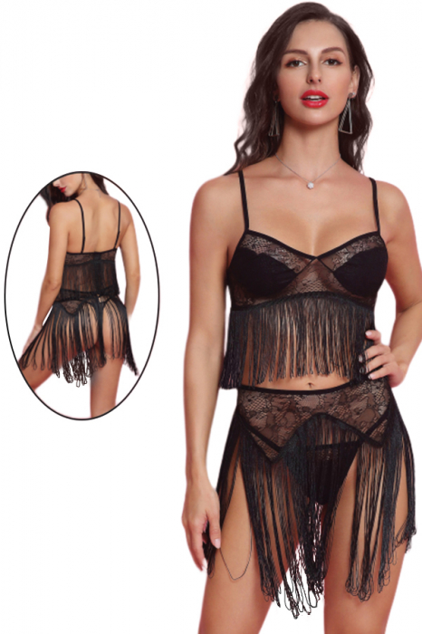 Set lenjerie senzuala cu franjuri, top, fustita si chiloti tanga TY-S440negru [4]