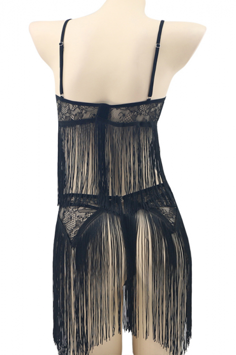 Set lenjerie senzuala cu franjuri, top, fustita si chiloti tanga TY-S440negru [3]