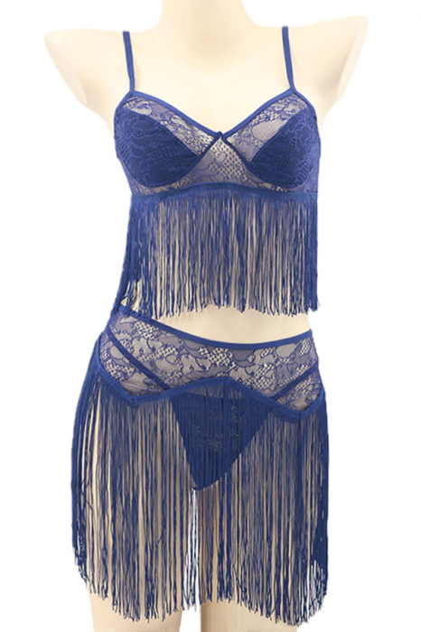 Set lenjerie senzuala cu franjuri, top, fustita si chiloti tanga TY-S440bleumarin [2]