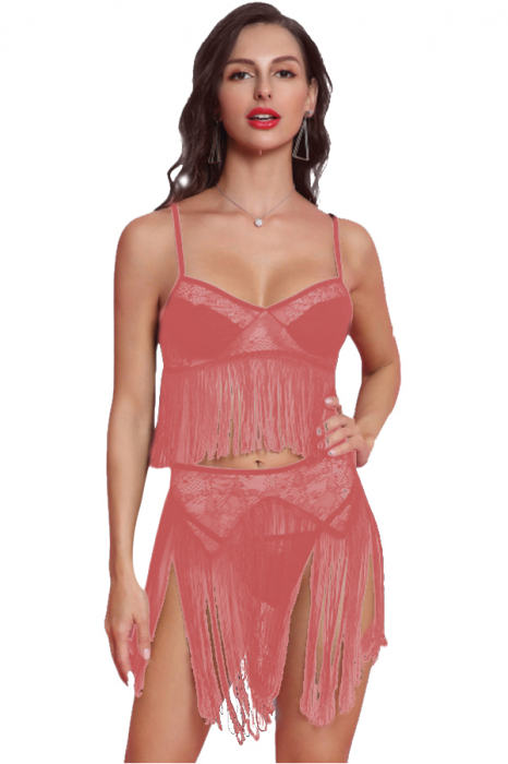 Set lenjerie senzuala cu franjuri, top, fustita si chiloti tanga TY-S440roz [1]