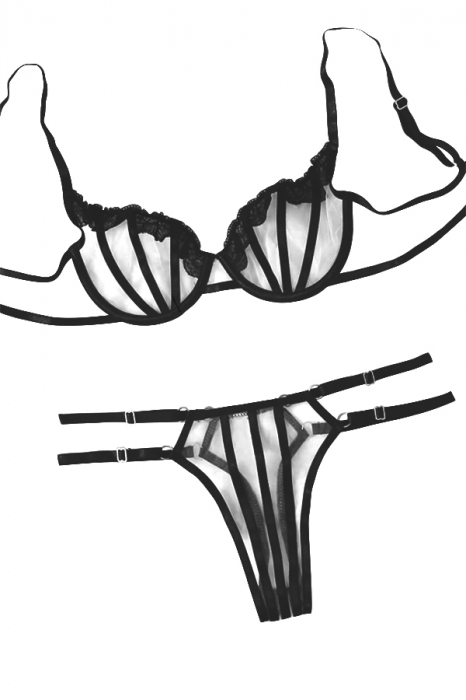 Set lenjerie senzuala, sutien cu insertii dantela si chiloti tanga TY-LX77negru [4]