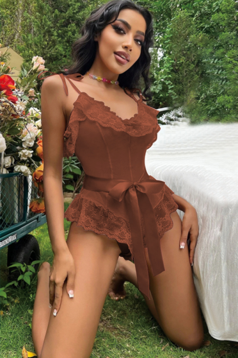 Set sexy, body semitransparent cu dantela, cordon si chiloti tanga TY-L101maro [4]