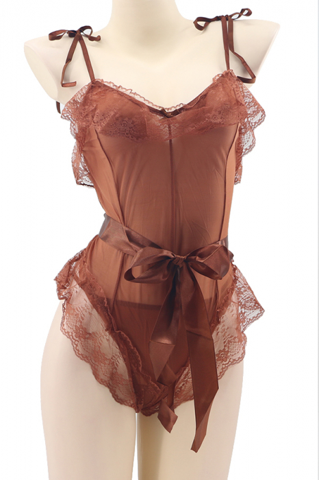 Set sexy, body semitransparent cu dantela, cordon si chiloti tanga TY-L101maro [2]