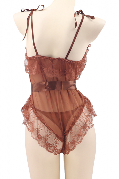 Set sexy, body semitransparent cu dantela, cordon si chiloti tanga TY-L101maro [3]