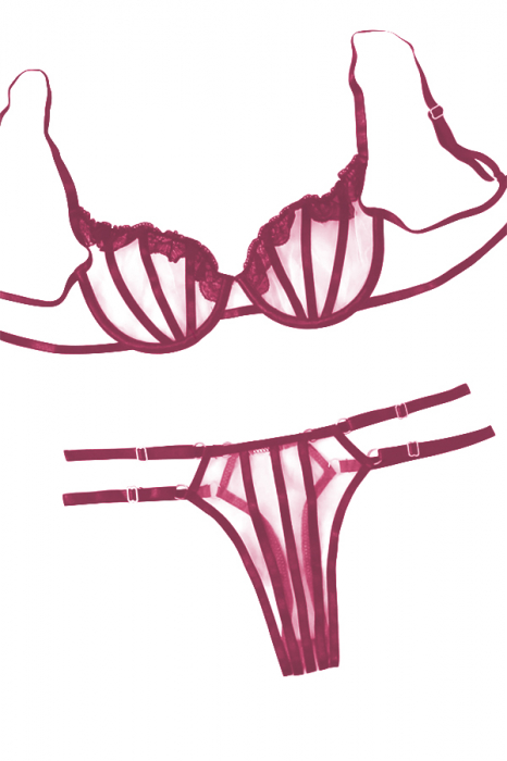 Set lenjerie senzuala, sutien cu insertii dantela si chiloti tanga TY-LX77visiniu [4]