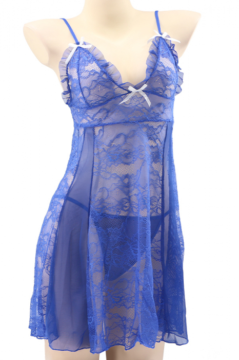 Set lenjerie sexy, camasa de noapte cu dantela si chiloti tanga TY-S710bleumarin [2]