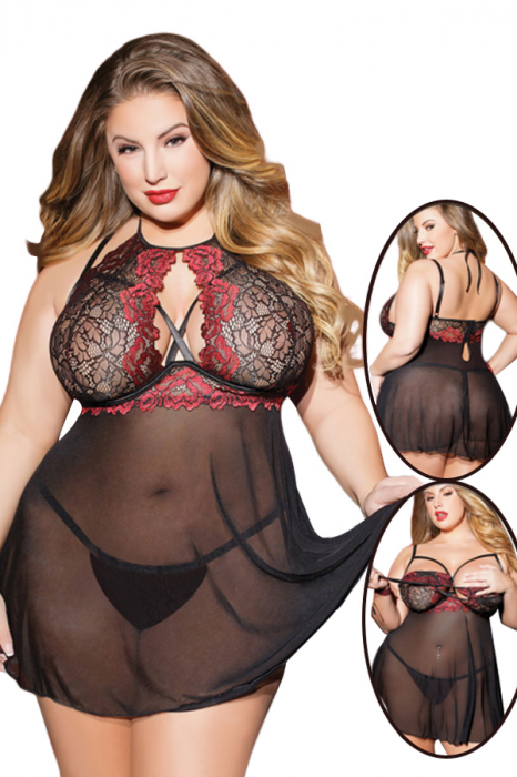 Set sexy cu dantela brodata, camasa de noapte si chiloti tanga TY-PLUS13negru [4]