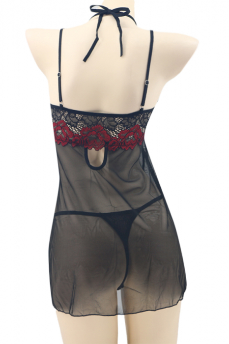 Set sexy cu dantela brodata, camasa de noapte si chiloti tanga TY-PLUS13negru [3]