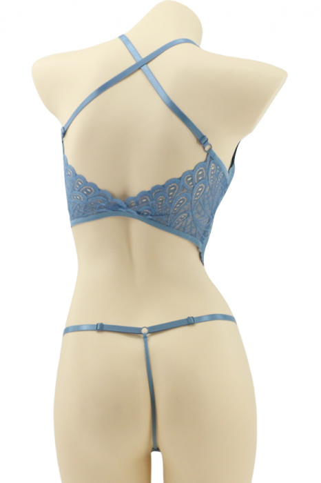 Set lenjerie sexy cu broderie, top si chiloti tanga MG-37619albastru [2]