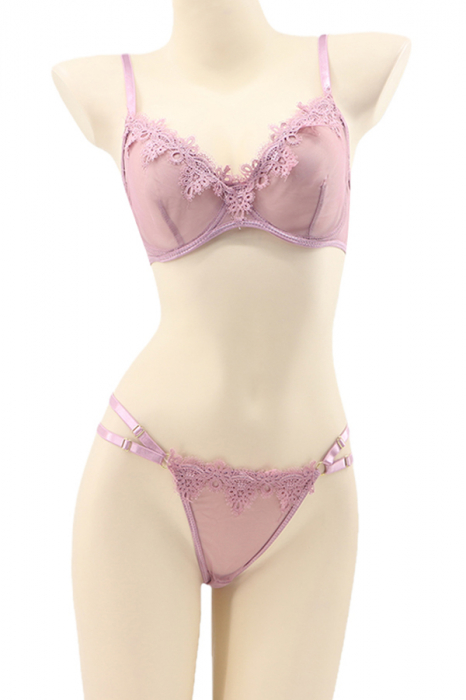 Set lenjerie sexy cu dantela brodata, sutien si chiloti tanga TY-LX79roz [2]