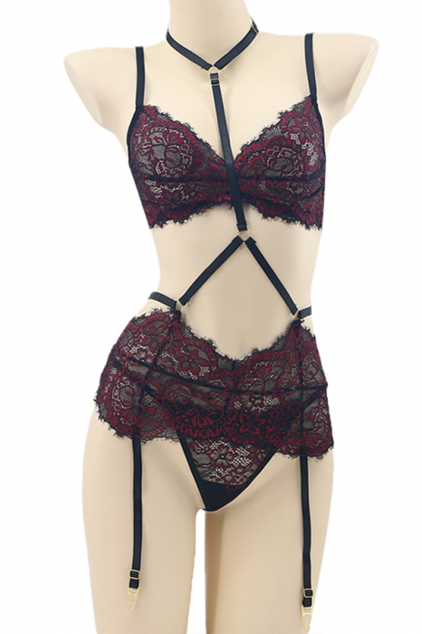 Set lenjerie sexy cu dantela, sutien, portjartier si chiloti tanga TY-LX140visiniu [2]